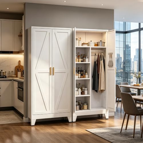 71" H Metal Garage Storage Cabinets,Broom Closet Storage Cabinet,Utility Cabinet,White Storage Cabinets