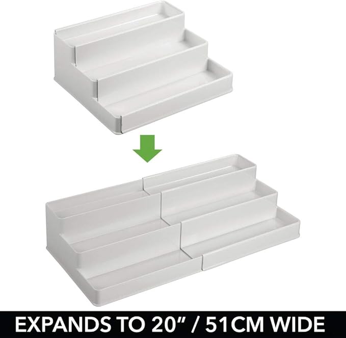 mDesign Plastic Expandable 3-Tier Shelf Rack Organizer - Storage for Bathroom Vanity, Cabinet, Cupboard, Drawer - Holds Medicine, Vitamins, Supplements, Cosmetics - Ligne Collection - Light Gray