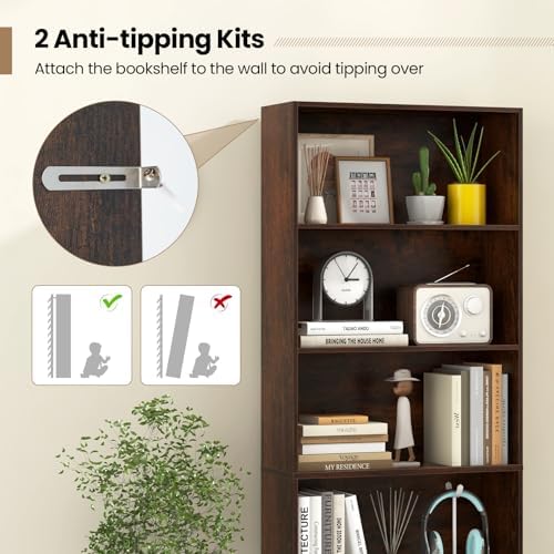 Giantex 6-Tier Bookcase, 70" Tall Wooden Bookshelf, Freestanding Storage Organizer w/Open Shelves, Anti-Tipping Kits, Modern Floor Standing Display Shelves for Living Room, Bedroom (1,Rustic Brown)