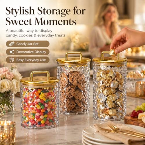 3-Pack Diamond-Cut Acrylic Storage Jars with Gold Lids – Airtight Clear Canisters for Bathroom & Kitchen | Apothecary Jars for Cotton Pads, Qtips, Snacks, Candy & Home Organization