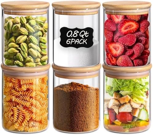 ComSaf Glass Storage Containers with Lids 0.8 Qt, 6 Pack Small Glass Jars | Small Glass Canisters, Spice Jar, Cookie, Snack Station Organization, Coffee Bar Organization, Size For Subpackage, BPA Free