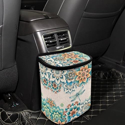 DISNIMO Boho Floral Dragonfly Car Trash Can, Car Garbage Bag Bin with Lid Hanging Waterproof Leak-Proof for Car Accessories Automotive Vehicle