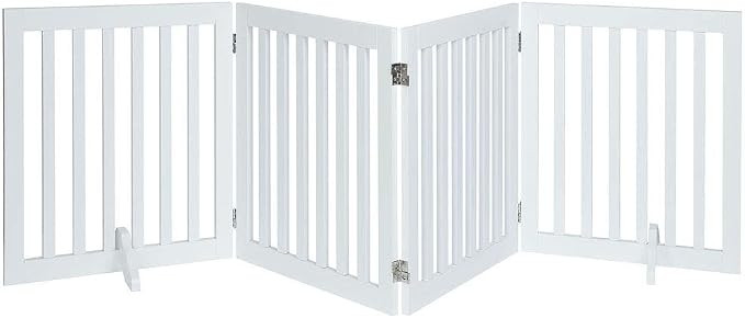 unipaws 24”H Free Standing Pet Gate for Dog Cat, 80”Wide Wooden Dog Gates | Foldable Pet Fence for Doorway, Stairs, Step, Expandable Doggy Barrier, Indoor Use, White