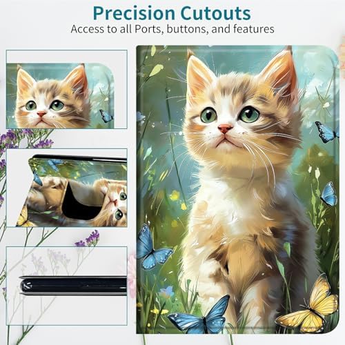 Case for Samsung Galaxy Tab S10 Plus 2024/S9 FE+/S9 Plus 12.4" 2023, 360 Degree Rotating Stand with Multi-Angle Vertical Shockproof Protective Shell for Women Men, Lawn Cat Butterfly