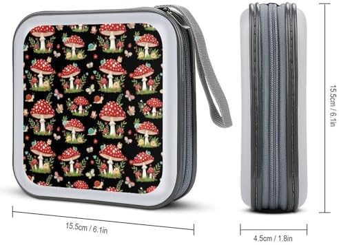 Hard Plastic Protective CD Case Wild Mushrooms, 40-Disc Capacity Storage Binder with Zipper, Portable Organizer for Home Office