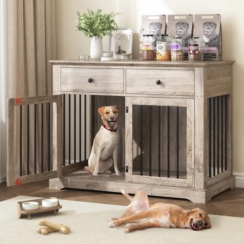 PRETZI Dog Crate Furniture, 44 Inch Wooden Dog Kennel Indoor with 2 Storage Drawers, Heavy Duty Large Crate Furniture, Decorative End Table Cage Furniture for Small/Medium/Large (Grey)