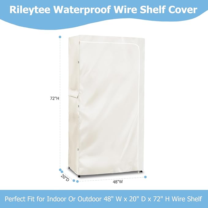 Rileytee Wire Shelf Cover,Heavy Duty 600D Dustproof Waterproof Shelf Covers for Shelving,Outdoor Storage Rack Cover for Wire Rack with Zipper,White,48"W x 20"D x 72"H ﻿