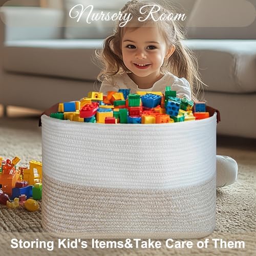 Large Cotton Rope Storage Basket with Leather Handles, Laundry Hamper Basket, 20 "L x 14" W x 12 "H, Durable & Stylish Organizer for Home.(Large Light Khaki)