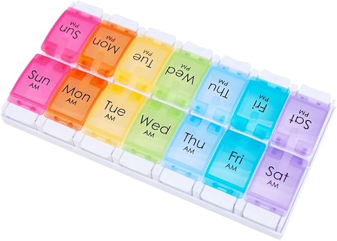Push Button 7-Day Pill Case, Daily Travel Vitamin Medicine Planner | Twice a Day AM PM 14 Compartments Pill Box Organizer Reminder for Fish Oil, Supplement, Arthritis Friendly, Colorful Lids