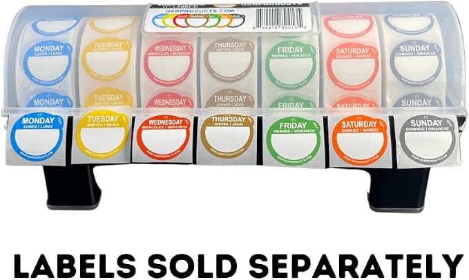 QSRProducts 7-Slot Day of The Week Covered Label Dispenser (for 3/4" & 1" Labels) - Food Sticker Holder for Inventory Management and Meal Prep, Protects Labels Inside