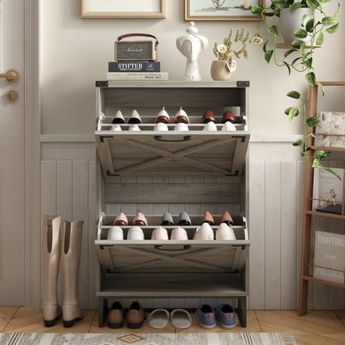 Maupvit 24" W Farmhouse Shoe Cabinet Storage for Entryway, Freestanding Organizer with 2 Flip Drawers, Narrow Shoe Rack Cabinet with Metal Corner Decoration, Washed Gray