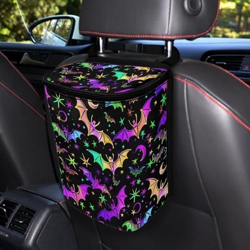 DISNIMO Colorful Bat Car Trash Can Car Accessories Organizer Garbage Bag Dustbin Container with Zipper Lid Waste Basket Storage Pockets Hanging Vehicle Trash Bin