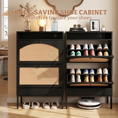 2 Flip Drawers Shoe Cabinet Storage for Kid’s/Women, Narrow Shoes Organizer Cabinetfor Front Door Entrance, Free Standing Hidden Wooden Shoe Rack (Black)