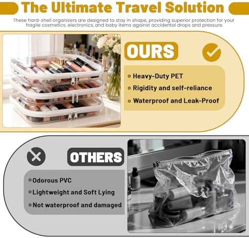 3 Pack Plastic Clear Hard Shell Zipper Case, Waterproof Clear Zipper Pouches Hard Shell, Large Size Zipper Pouches for Travel, Makeup Bag Organizer