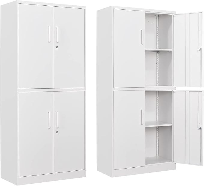 Metal Storage Locking Cabinet with 4 Doors and 2 Adjustable Shelves,71" Lockable Garage Tall Steel Cabinet,for Home Office,Living Room,Pantry,Gym,Commercial Storage (White)