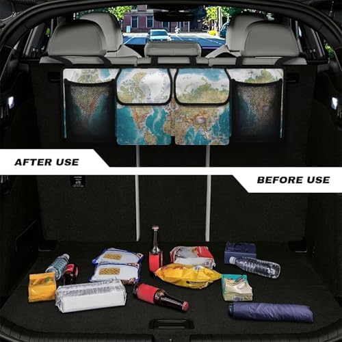World Map Car Trunk Organizer Car Backseat Storage Bag with 4 Pockets Hanging Trunk Cargo Storage Universal Auto Accessories for Sedans SUV Trucks Van