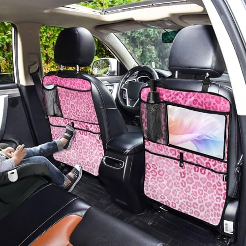 2 Pack Back Seat Car Organizer with Storage Pockets Kick Mats Back Seat Protector Hanging Car Organizer Automotive Seat Back Cover Organizers Gradient Pink Leopard Print