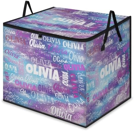 Custom Comforters Storage Basket with Lid, Personalized Name Large Organizer Bin for Pet/Children Toys, Books, Clothes, Perfect for Rooms/Playroom, Purple Blue Galaxy with Stars