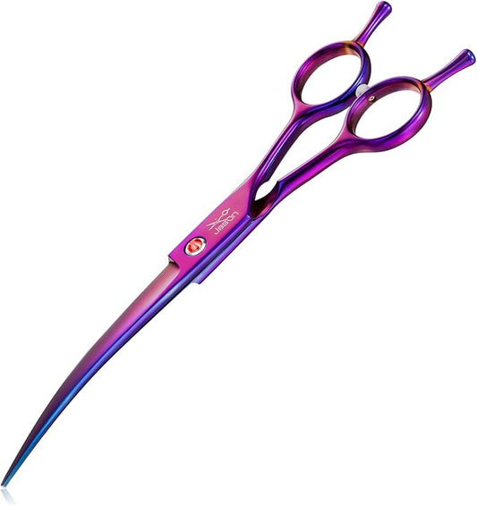 JASON 7" Dog Grooming Scissor - Professional Down-curved Shear with Ergonomic Handle Japanese Stainless Steel Trimming Scissor for Dogs, Cats and Other Pets, Sharp (Curved, Purple) Christmas Gift