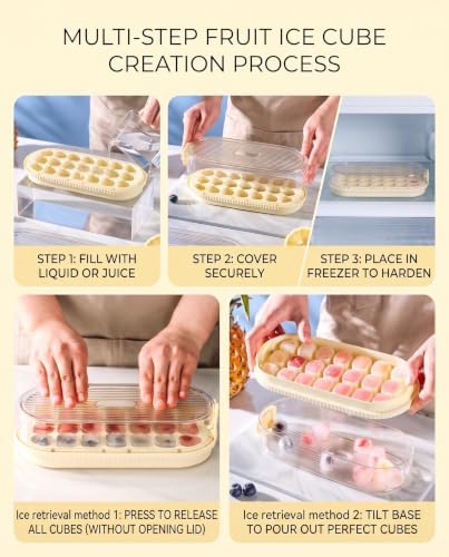 Press Ice Cube Tray with Lid Easy Release Mold Box Fill | PP+TPE+PET, 9.4 x 4.1 x 2.6 In, Ice Maker Stackable Odorless Storage Bin for Cocktail Whiskey Mint , Sweet Yellow