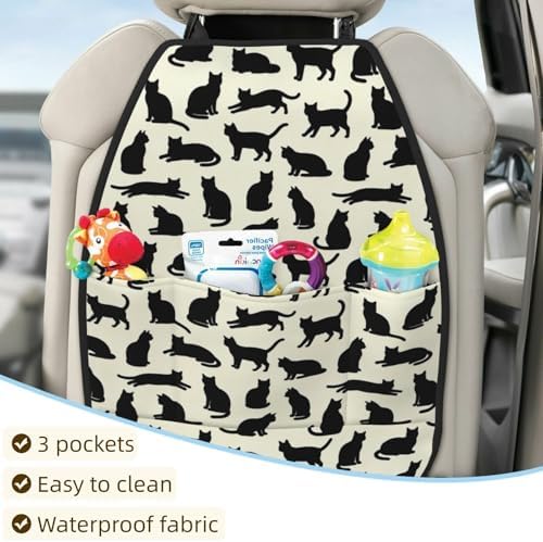 Car Seats Back Protector 2 PCS - Black Cat | with 3 Storage Pockets, Shield Seats From Dirt, Mud Scratches, Fits Cars SUVs Trucks and Jeeps