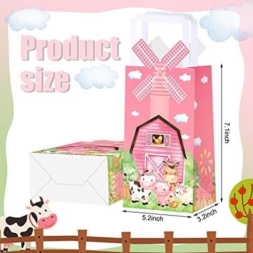 16 Pcs Pink Farm Animal Party Favor Bags Kraft Paper Goodie Bags with Handle 3D Pinwheel Double-sided Printing Treat Bag for Birthday Gender Reveal Barnyard Farm Themed Party Supplies