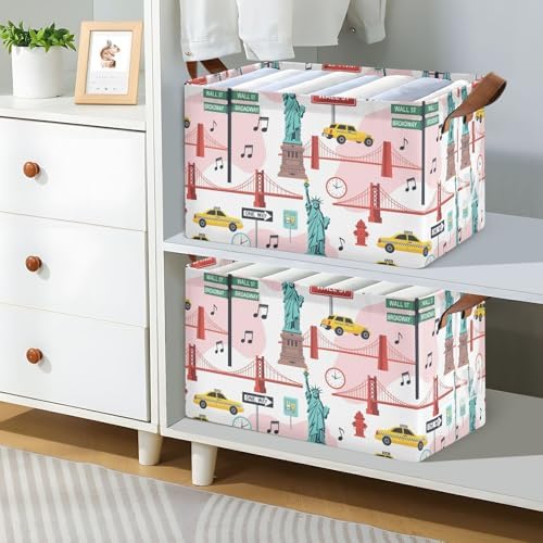 New York City Symbols Storage Bins Collapsible Storage Basket Box with Handles Organizer for Clothes Shelves Closet Cabinet Home Office, 1PC