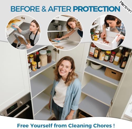 Hersvin Shelf Liners, 18in x 20ft Kitchen Drawer Mats, Non-Adhesive EVA Cupboard Protector, Cabinet Lining (Light Gray/Dot)