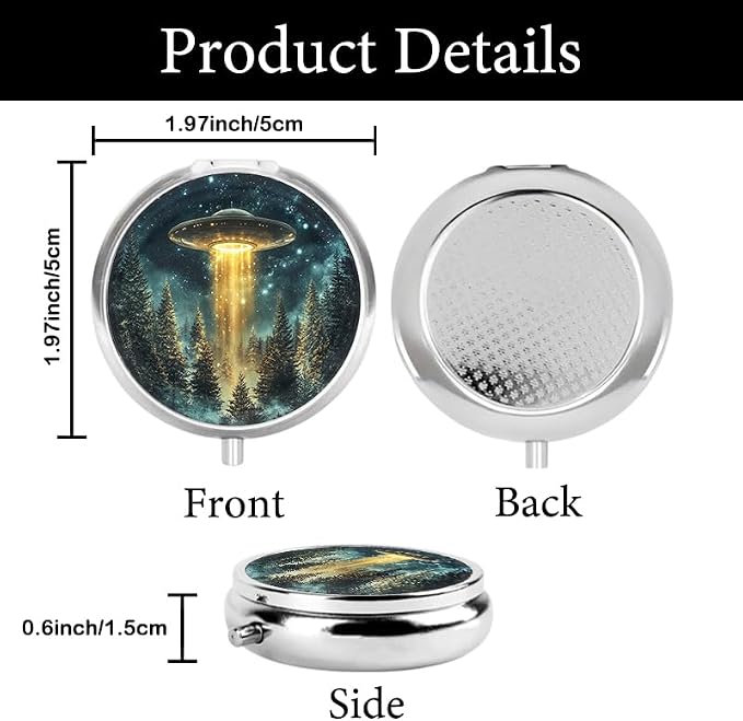 Portable Round 3 Compartment Metal Pill Box Capturing Classic UFO Imagery Ideal for Travel Organizing Medication or Storing Small Essentials