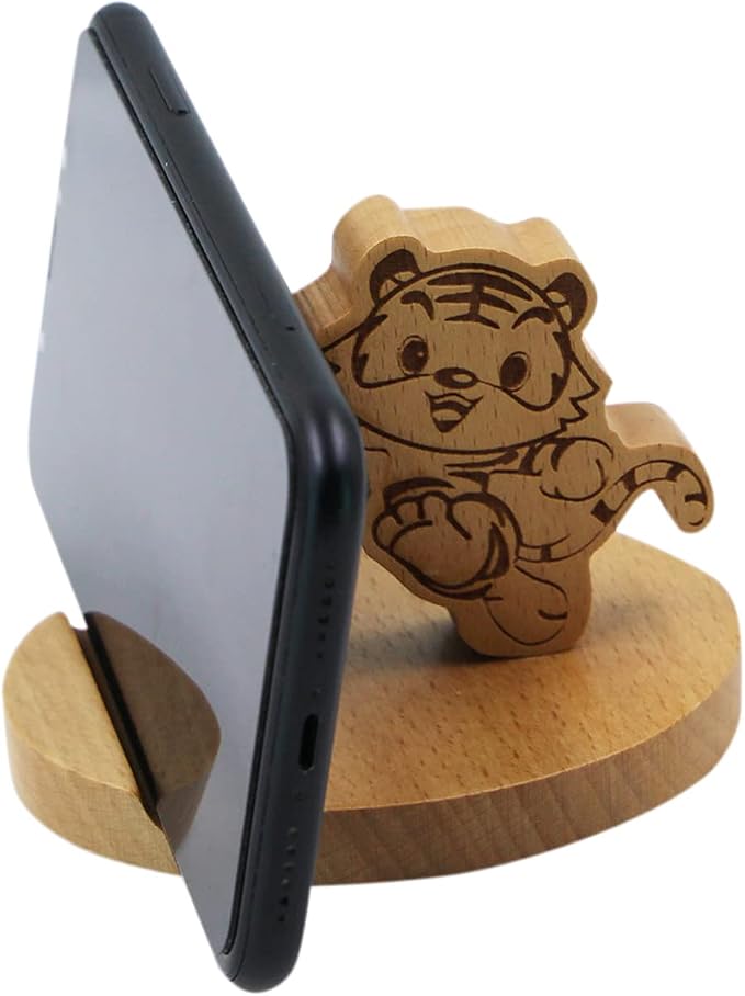 Cute Tiger Wooden Smartphone Desk Holder for All Mobile Phones with Anti-Slip Base and Groove for Phone