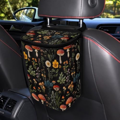 Mushroom Floral Print Car Trash Can with Lid Organizer Multipurpose Trash Bin Decoration for Women Universal for Cars,Sedans, SUVs & Trucks