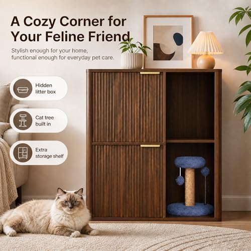 31.5 Inch Cat Litter Box Enclosure with Cat Tree Cabinet, Walnut | Hidden Litter Box Furniture with Dual Entry Doors, Storage Shelf, Sisal Scratching Post and Modern Side Table Design