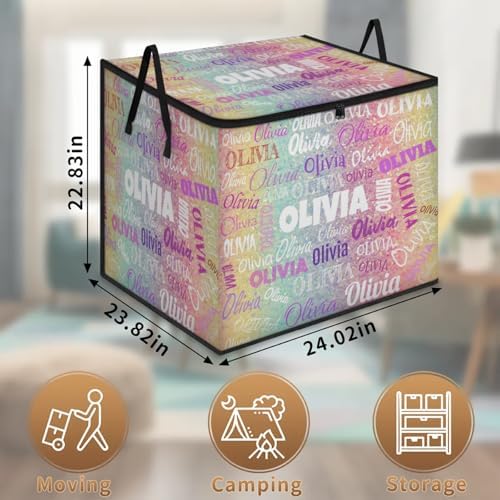 Personalized Name Foldable Storage Basket Cubes with Lid, Laundry Hamper Dirty Clothes Pet Toys Storage Bin with Handles for Shelf Home Closet Kitchen, Yellow Pale Turquoise Pink Glittering