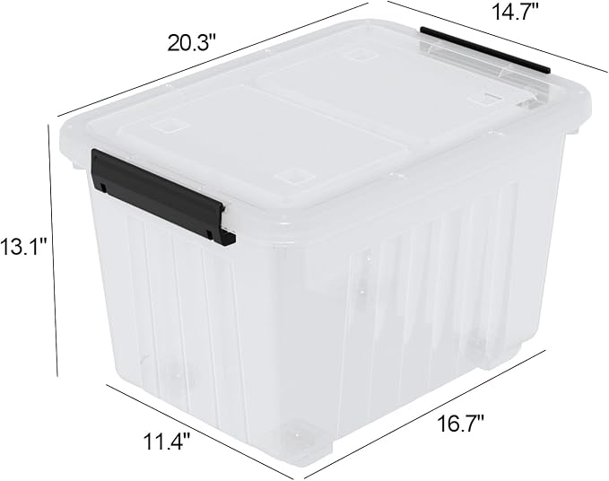 50 L Plastic Lidded Storage Bin, 4 Pack Clear Latching Storage Box | with 4 Bottom Wheels and 2 Buckle Latches, Stable Stacking