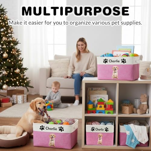 Personalized Fabric Dog Toy Basket Custom Pet Collapsible Toy Box with Name Picture Customized Storage Bins for Dog Toy Clothing,Brown