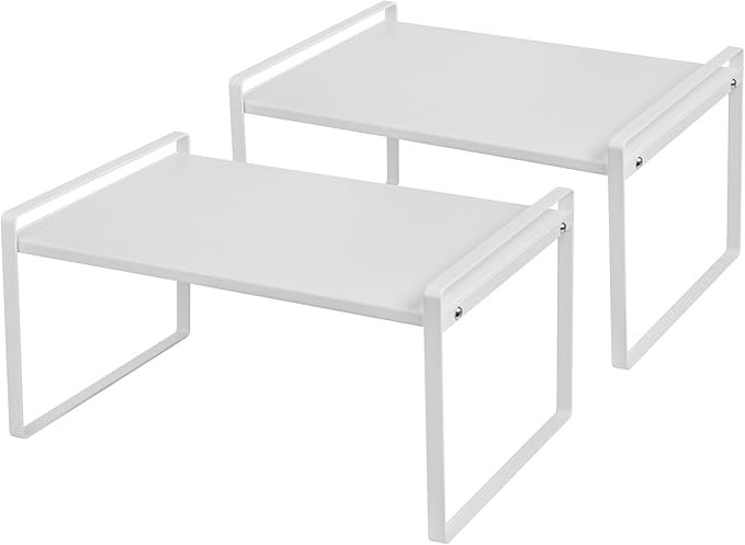 Nxconsu Stackable Cabinet Shelf Organizer 2 Pack, Wide Tall White | Heavy-Duty 3mm Steel Stackable 2-Tier Shelf, Holds 50 lb, for Kitchen Cabinet Pantry Cupboard Counter Bathroom Under Sink