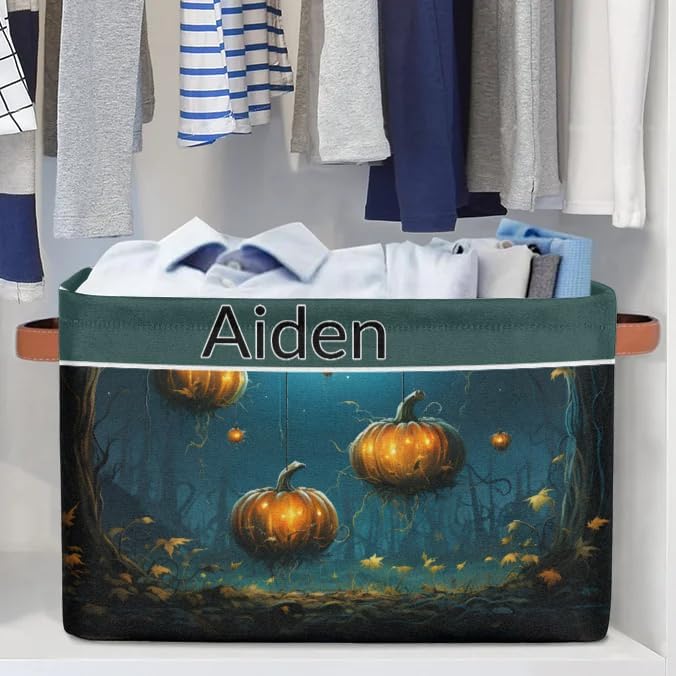 Custom Storage Baskets for Kids with Name, Happy Halloween Pumpkins Night Forest Large Foldable Organizer Collapsible Storage Bin with Leather Handle for Home Toys Closet Nursery