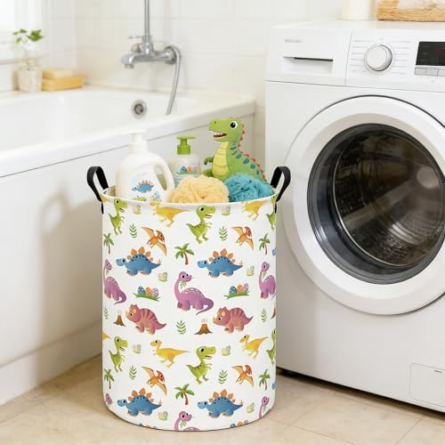 Round Laundry Basket Collapsible Storage Hamper Organizer Cute Dinosaur | Waterproof Canvas Foldable Baskets with sturdy Handles Multi-scene Organizer for Home Play Bedroom Gift Bin