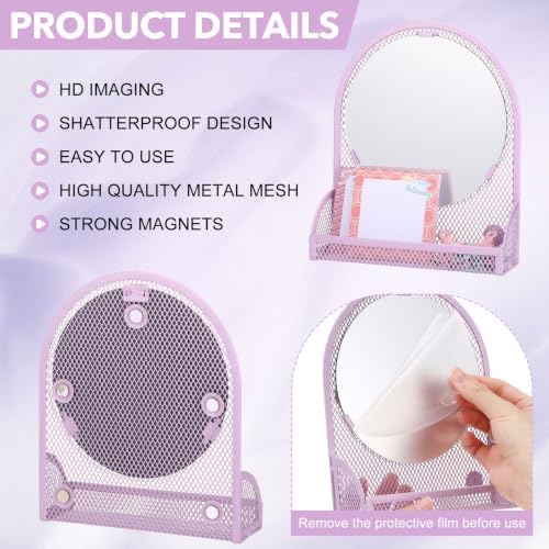Weysat Set of 5 Magnetic Locker Accessories Mirror with 2 Magnetic Pen Holder and 2 Wire Mesh Storage Basket for Students Back to School Locker Organizer for Office End of School Years Gifts (Purple)