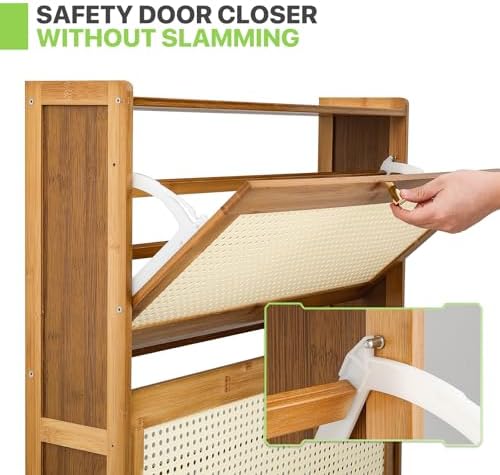 Magshion Narrow Shoe Cabinet for Entryway Slim Thin Bamboo Freestanding Shoe Storage with Flip Drawers for Hallway, Living Room (Brown, 34" x 27" x 7")