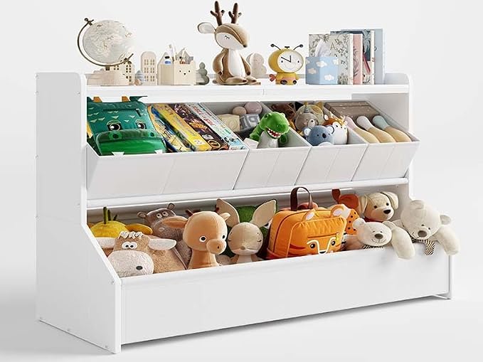 FOUCSSOMEI Extra Large Toy Storage Organizer for Kids, Wooden Toy Organizer and Storage with Bookshelf, 3 Removable Bins and Large Storage Bin, Toy Shelf for Playroom, White, Patent Design