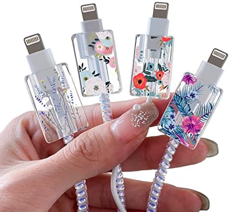 Cute Flowers Cable Protector for iPhone Type-c Charger,Red Roses Camellia Green Leaves Bouquet Pattern 4 PCS Set Cable Protector for Women Girls Kids Teen,Cable Chomper,Phone Charger Saver-Clear