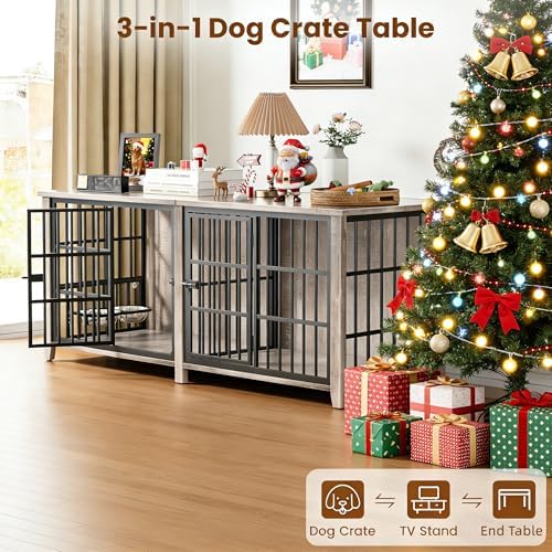 YaFiti 78.84" Dog Crate Furniture for 2 Dogs, Double Wooden Dog Kennel,Grey | Feeder, Divider, Double Doors, for Large Dogs, Up to 100 lb, Heavy Duty , TV Stand, Side End Table, Decorative Pet Cage