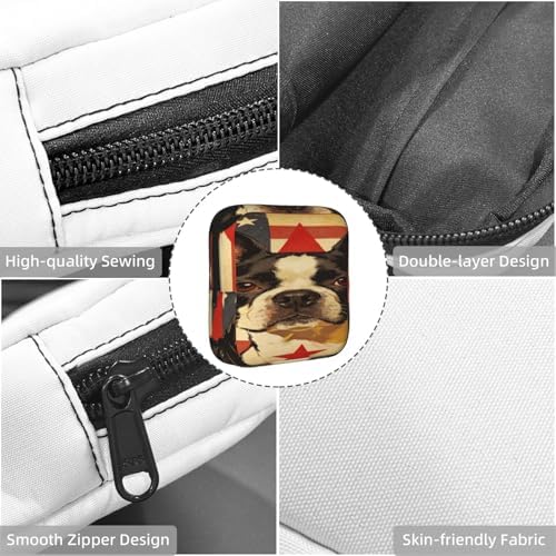 Reusable Menstrual Cup Pouch Boston Terrier On American Flag, Compact Polyester Period Bag, Multifunctional Storage Organizer for Purse and Travel