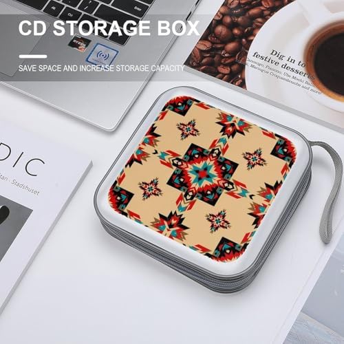 40-Disc Hard Shell Storage Wallet Native American Western Decor Boho Aztec, DVD CD Binder with Carry Strap, Portable Protective Organizer for Travel Office