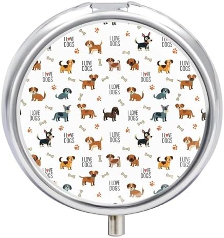 Round 3 Compartment Pill Case Cute Doodle Pets Dog Print, Compact Travel Pill Organizer for Purse Fish Oil Supplements
