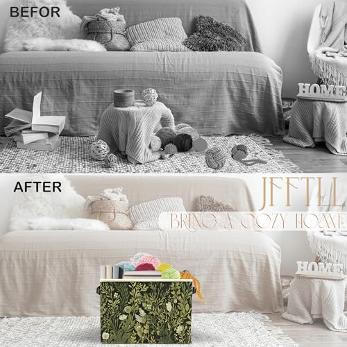 Vintage Boho Botanical Floral Storage Bins with Handles, Farmhouse Dark Cottagecore Green Leaf Collapsible Laundry Basket Storage Box for Home Bedroom Bathroom Clothes Toys Books