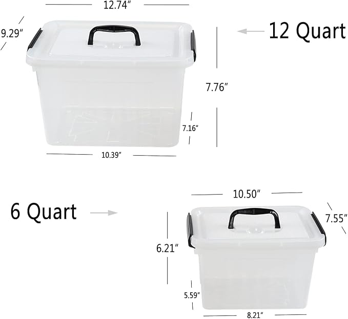 Saedy 12 Quart & 6 Quart Latching Storage Container Box with Handle, 2 Pack | Plastic, Clear Lidded Bin