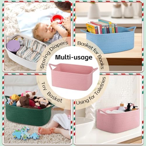 OIAHOMY Woven Basket, Gift Basket Empty with Gift Bags and Ribbons, Rope Baskets for Baby Showers, Storage Baskets with Handles for Nursery, Pet Toy Organizer - Christmas White