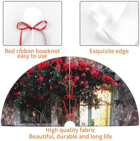 Christmas Tree Skirt, Soft Polyester Xmas Tree Skirts with Ribbon Ties, Rustic Farmhouse Holiday Party Decorations House Entrance Corfu Greece Red Flowers Tree Shabby Window 36"